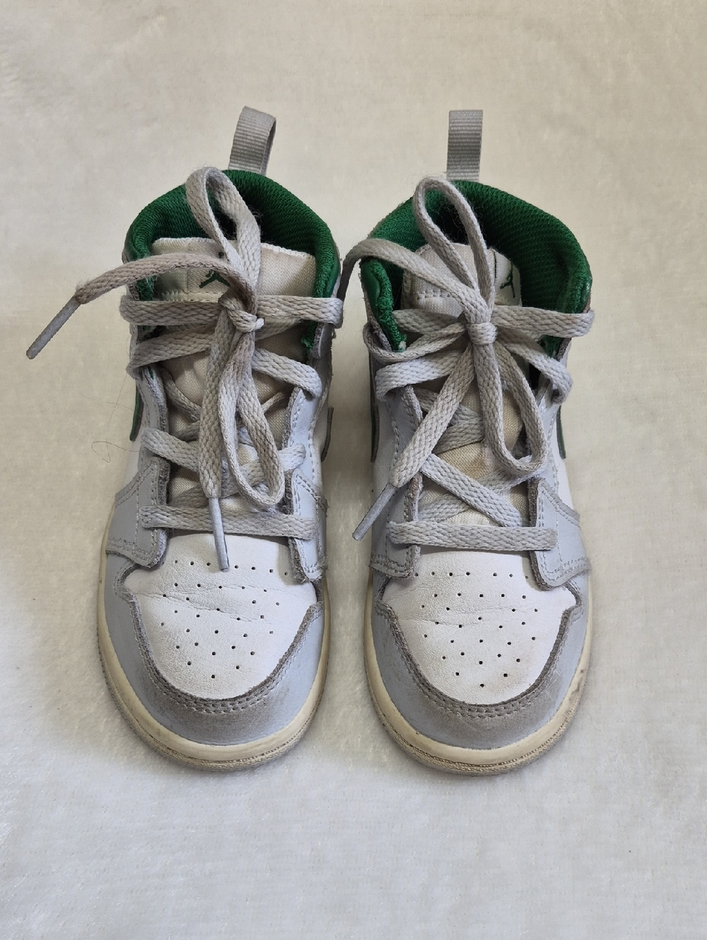 Jordan Kids White and Gray High-Top Sneakers with Green Lining